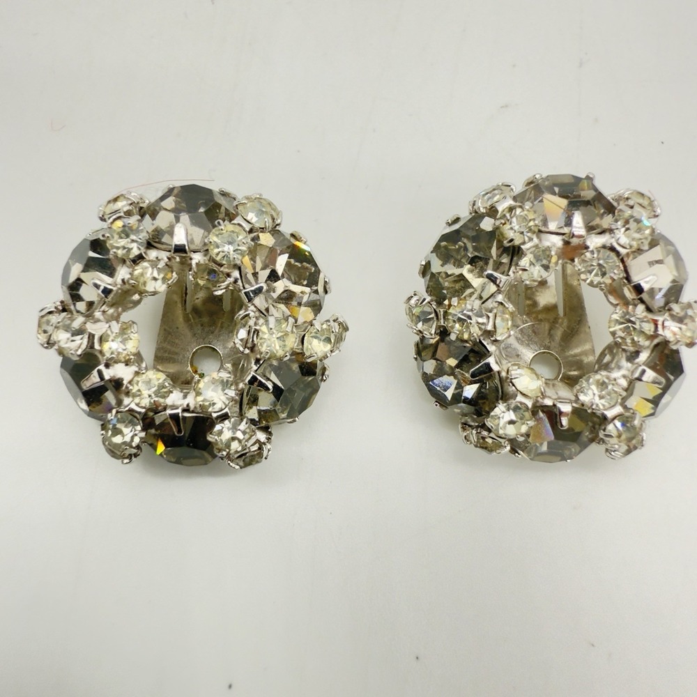 Vintage Warner Rhinestone Earrings Smokey & Clear Statement Sparkly Wow